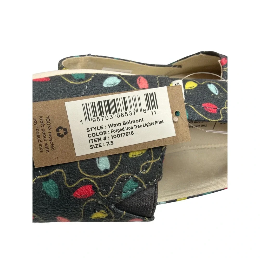 TOMS‎ Belmont  7.5 Forged Iron Tree Lights Print Christmas Slip On Flats NEW